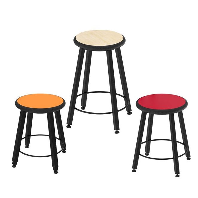 Three stools with colorful tops and black frames. Three stools with colorful tops and black frames.