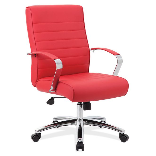 Red mid back office chair with chrome base. Red mid back office chair with chrome base.