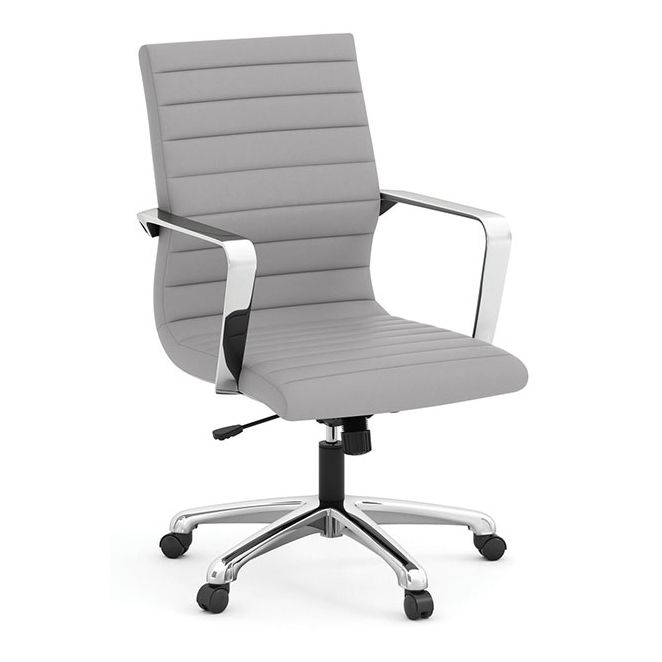 Mid back executive office chair with fixed chrome arms and 5-star base. Mid back executive office chair with fixed chrome arms and 5-star base.