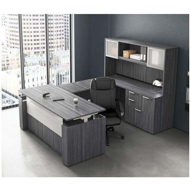 U-shaped executive suite with an adjustable-height stand-up desk. U-shaped executive suite with an adjustable-height stand-up desk.
