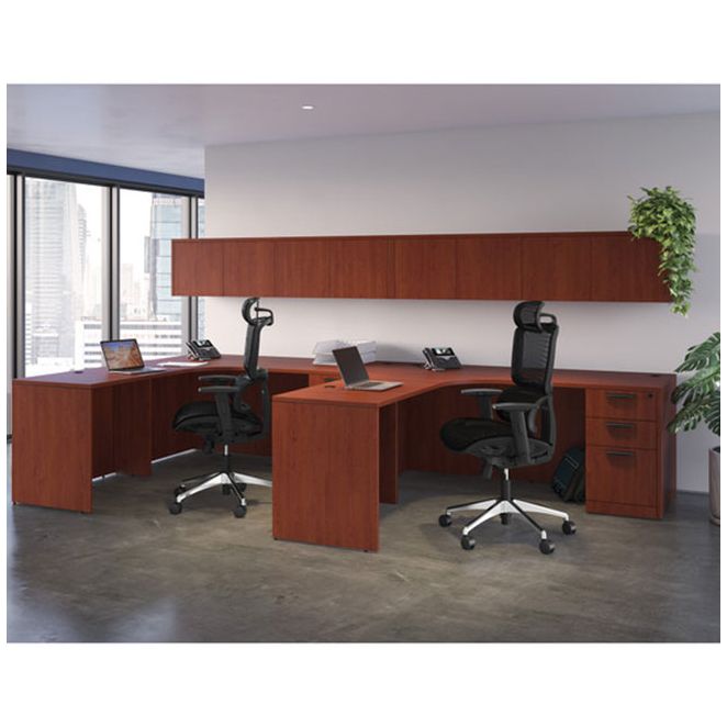 Double l-shaped desk with overhead hutch. Double l-shaped desk with overhead hutch.