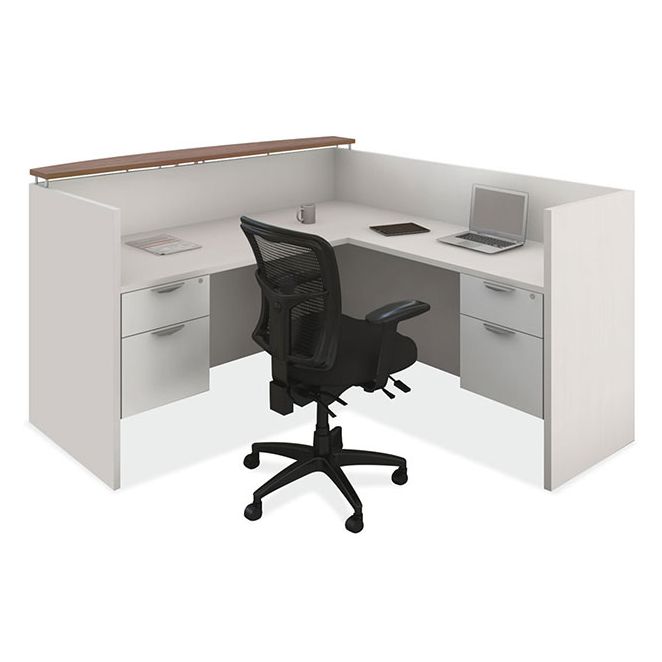 L-shaped reception desk with transaction shelf. L-shaped reception desk with transaction shelf.