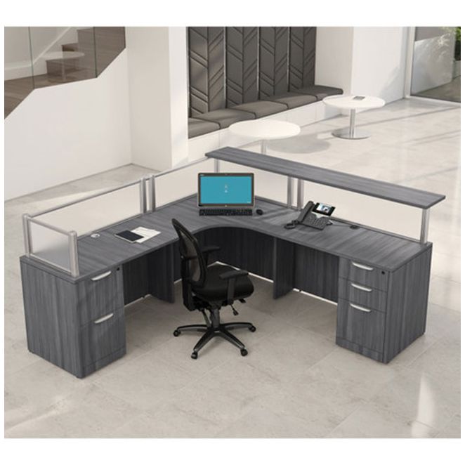 L-shaped reception desk with transaction shelf. L-shaped reception desk with transaction shelf.