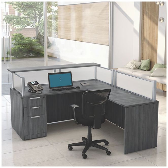 L-shaped reception desk with transaction shelf. L-shaped reception desk with transaction shelf.