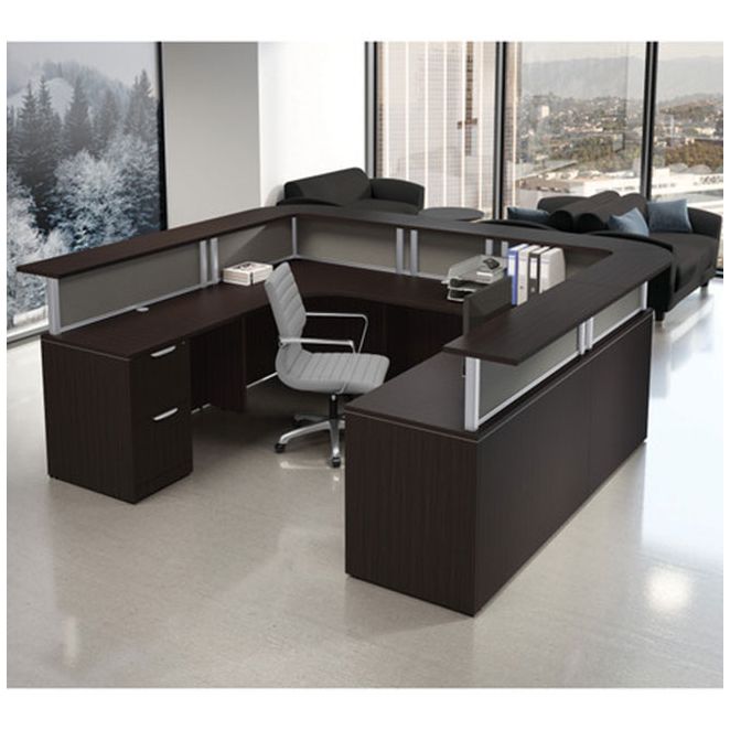 U-shaped reception desk with wraparound transaction top. U-shaped reception desk with wraparound transaction top.