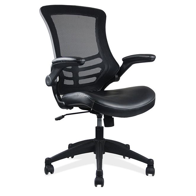 Mesh back office chair with flip arms and casters. Mesh back office chair with flip arms and casters.