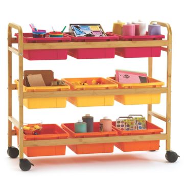Bamboo Book Browser Cart w/ 9 Open Storage Bins