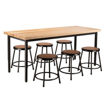 Butcher Block Height Adjustable Table (30'' x 72'') with 6 Black Frame Stools