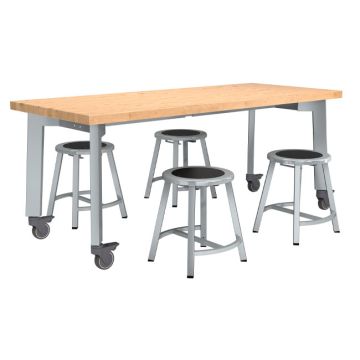 Titan Makerspace Butcher Block Table (30" x 72") with Four Titan Stools (18" H) Package
