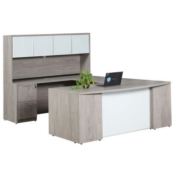 Ultra Premium Laminate Series Bow Front U-Shape Desk Suite w/ Frosted Glass Panel