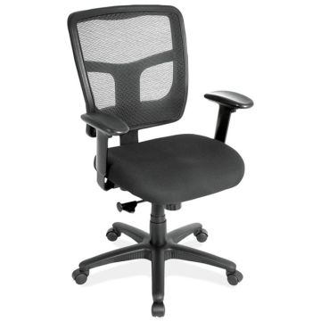 Mesh back task chair with casters and height adjustable arms.