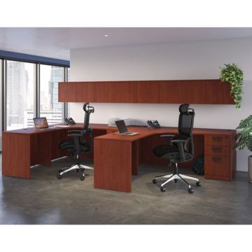 Double l-shaped desk with overhead hutch.