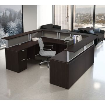 U-shaped reception desk with wraparound transaction top.