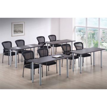 Training room tables with post legs inside a seminar room.