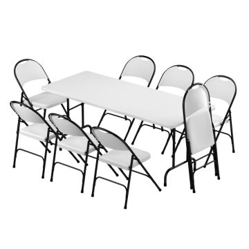 Plastic Resin Folding Table & 8 Chairs Package in Gray Granite (30''x72" Rectangle)