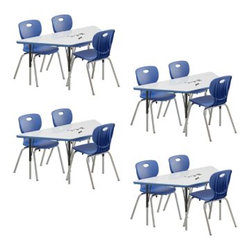 Deluxe Dry Erase Activity Table & Classic Student Chair Packages (30" x 60" Trapezoid - 4 Tables & 12 Chairs)