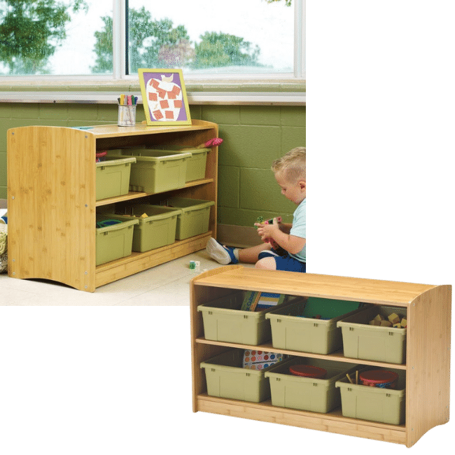 Two-shelf bamboo storage unit with six bins, accompanied by a preschooler in an inset image, showcasing its practicality.