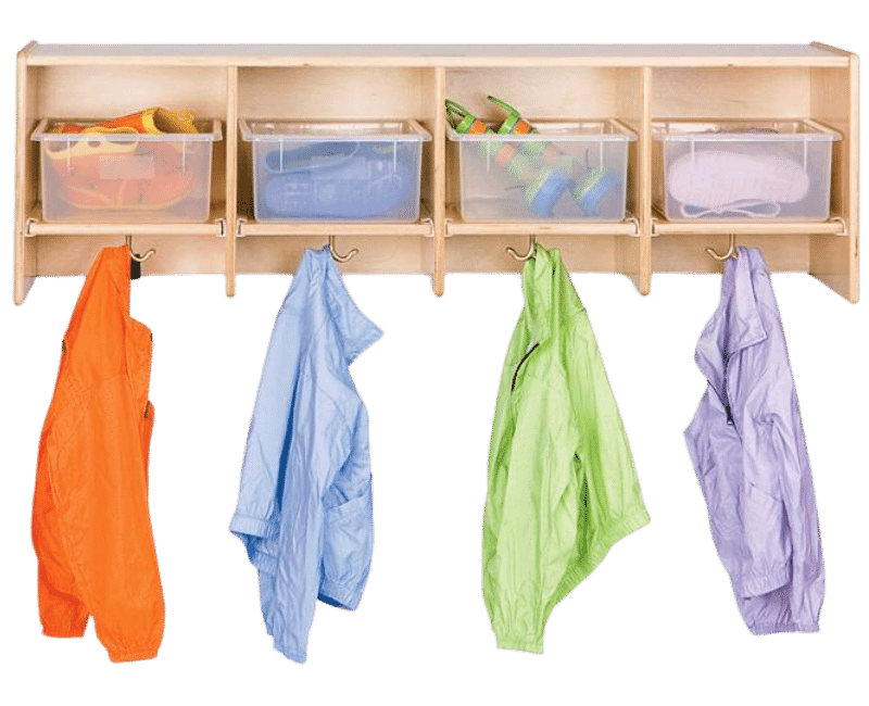 Preschool locker mounted on the wall with four brightly colored jackets hanging inside, accompanied by clear bin storage.