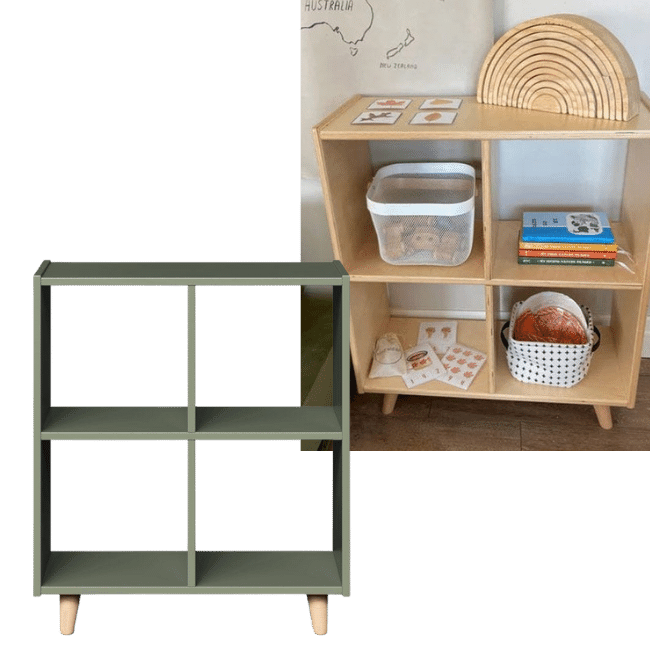 Green cubby organizer with four shelves, displayed alone and against a wall filled with preschool books and toys.