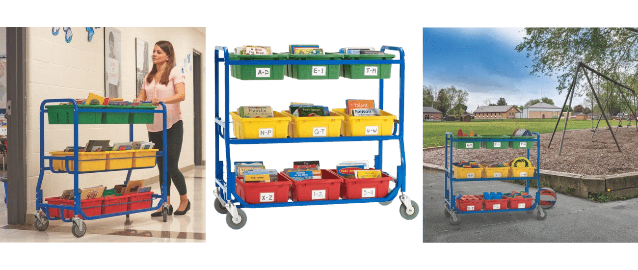 Colorful three-tiered preschool bin mobile storage cart pictured alone, being pushed by a teacher, and located outdoors.