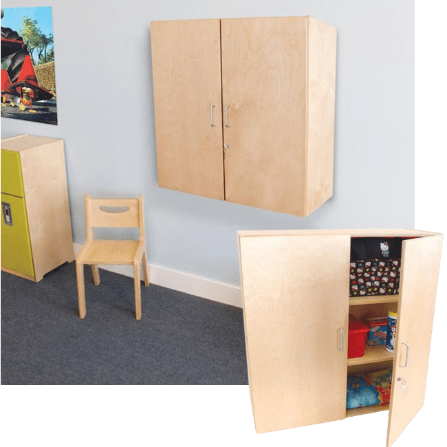Birch lockable wall cabinet designed for elementary schools shown mounted on a classroom wall and displayed freestanding.