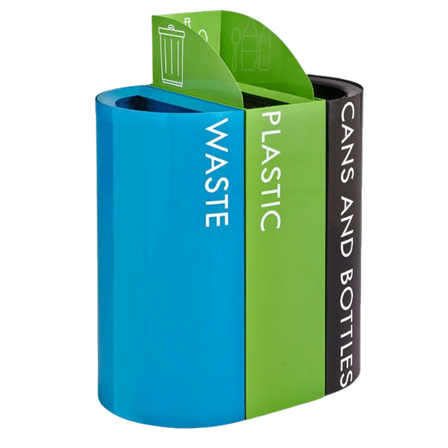 Trio of waste receptacles in blue, green, and black for recycling plastic, cans, and bottles, alongside trash.