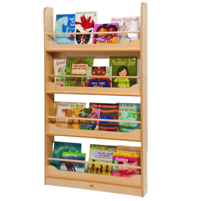 Preschool bookshelf made of birch, mounted on the wall, showcasing displayed books.