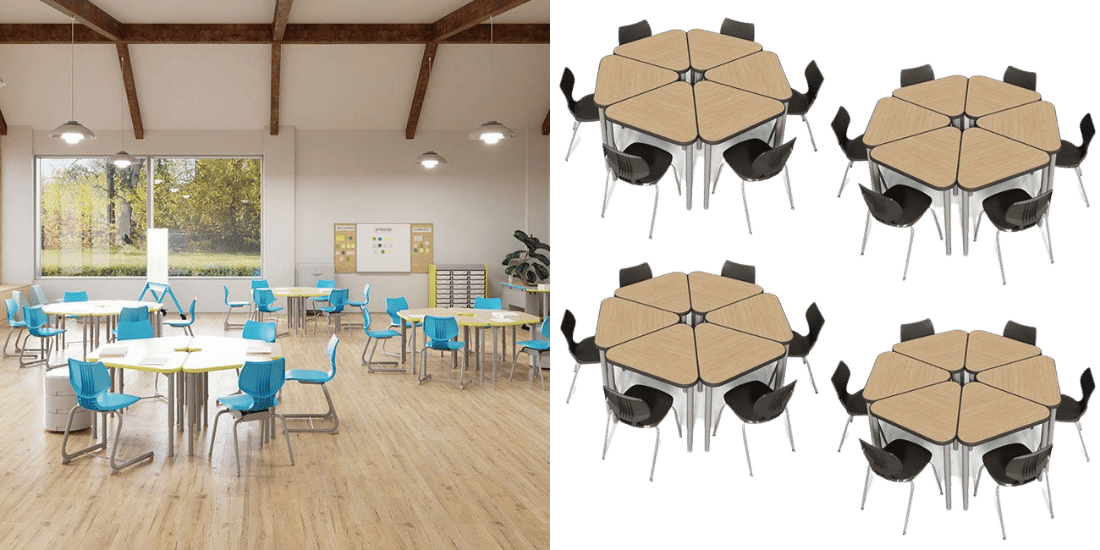 Collaborative desks and chairs situated in work clusters throughtout a school classroom. 