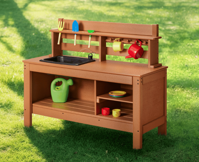 A preschool age child stands behind an outdoor mud kitchen for children. 