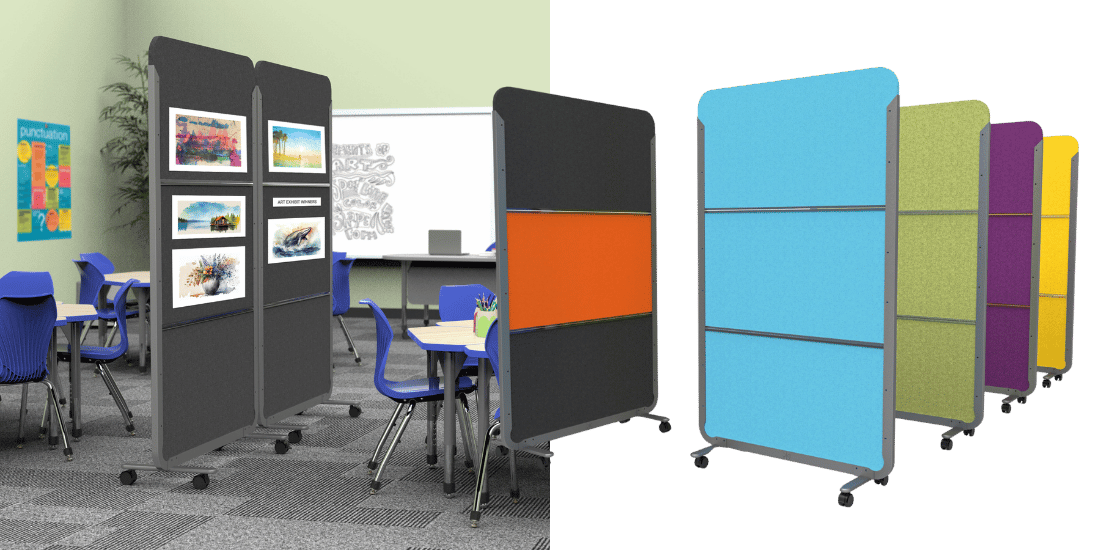 In one image, colorful acoustic room dividers are displayed. In another image, a classroom space is shown where the same room dividers are integrated into the environment.