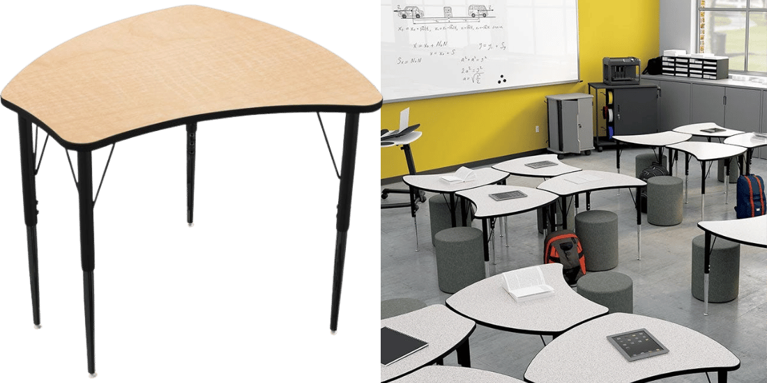 School desks situated in collaborative work clusters within a classroom setting. 