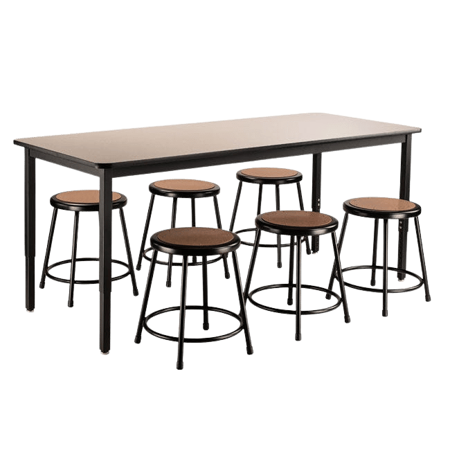Rectangle science table with six stools on a white background.  