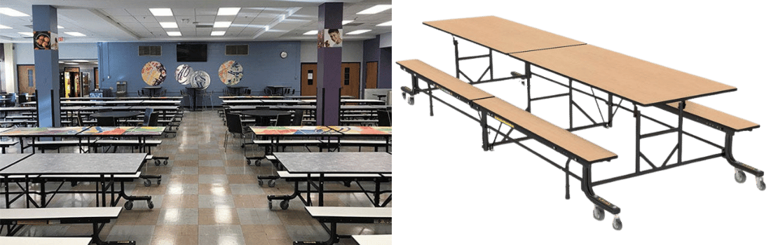 Cafeteria tables in rows situated within a school cafeteria setting. 