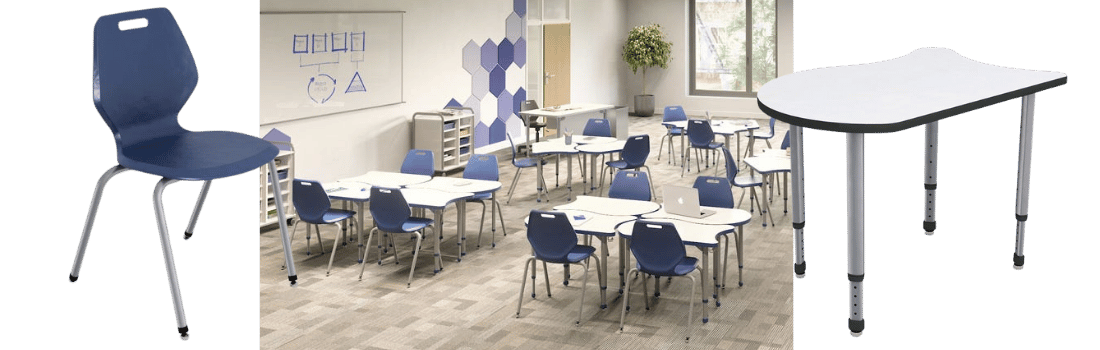 Worthington Direct Classroom with koi shaped collaborative desks and navy blue student chairs.