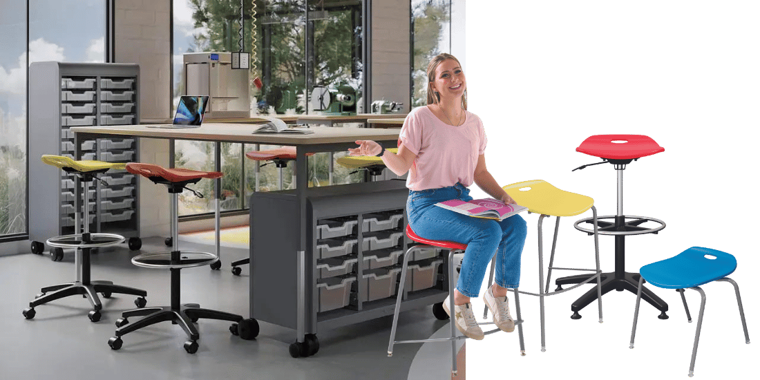 In one image, a high school student sits on a colorful red stool. In another image, a makerspace classroom is shown featuring the same type of stools at tables.